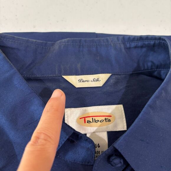 Talbots 100% Silk Shirt Royal Blue Button Front sz 14 Collared Satin Lightweight - Picture 9 of 9